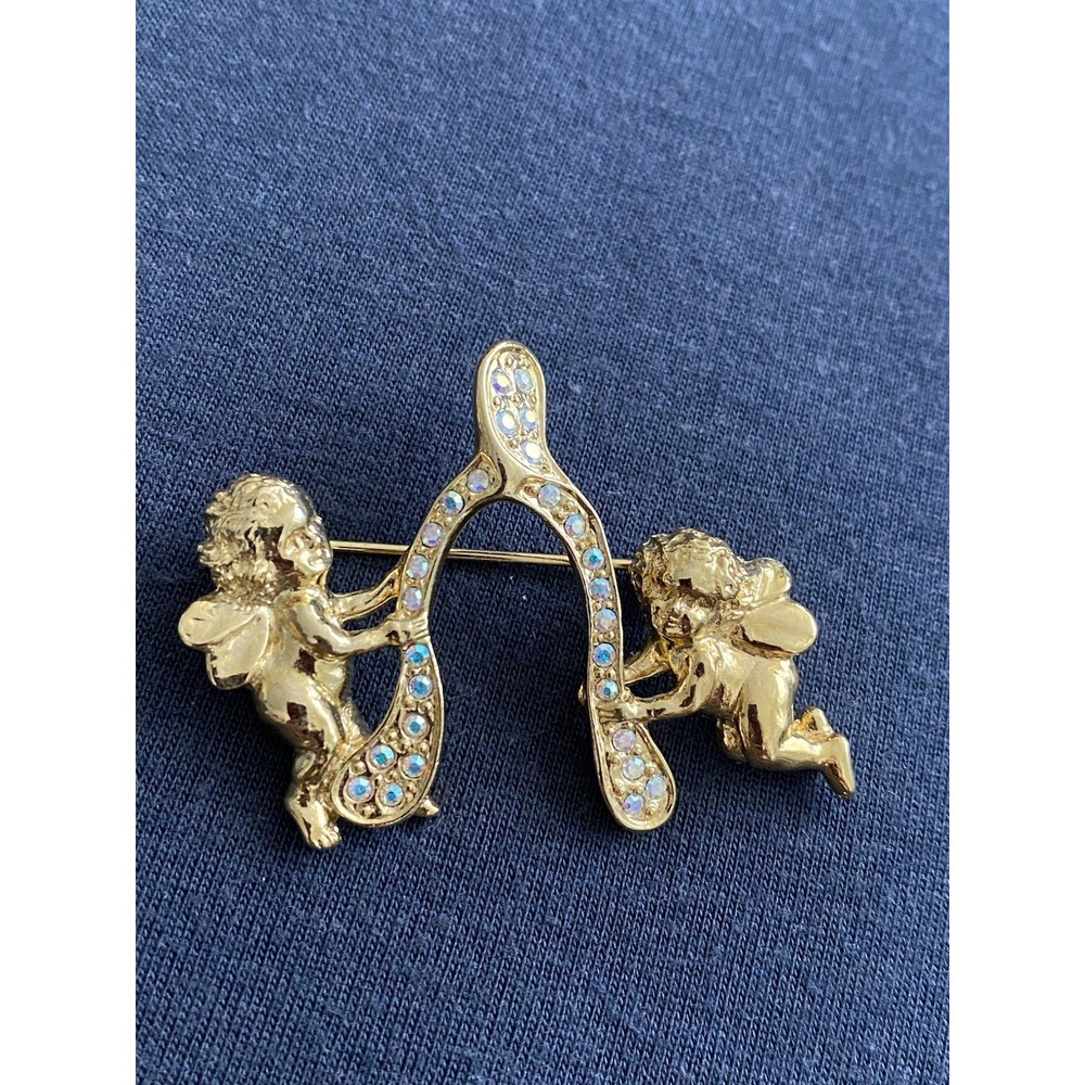 Vtg Signed Kirks Folly Gold Tone Cherubs/Wishbone AB Rhinestone Brooch Spiritual